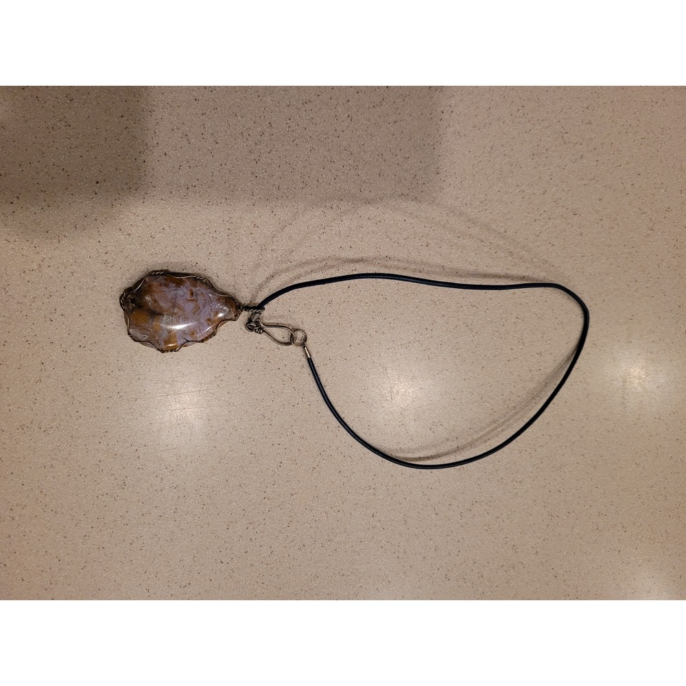 Handmade Wire Wrapped Agate Stone Pendant Necklace Black Cord Earthy Boho